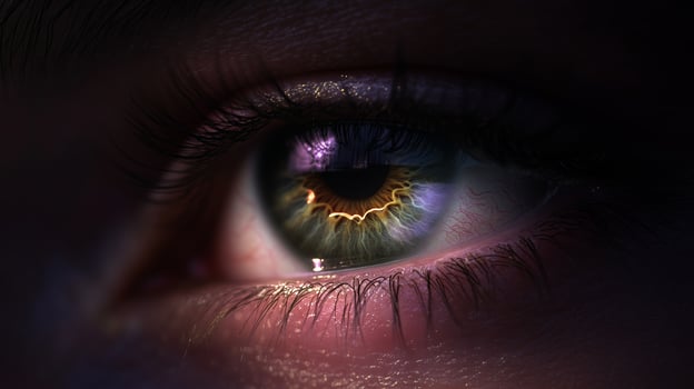 Close-up of a human eye showcasing detailed iris patterns and vibrant colors during a creative lighting setup photo