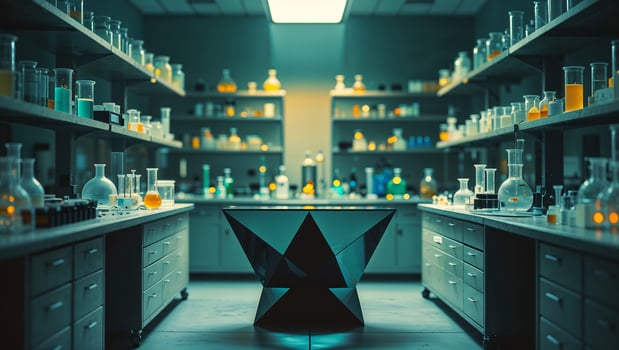 Unique laboratory environment with bright chemicals and modern equipment during research activities photo
