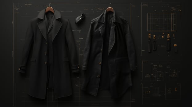 Dark coats displayed on hangers against a black backdrop illustrating modern fashion design in a studio setting photo