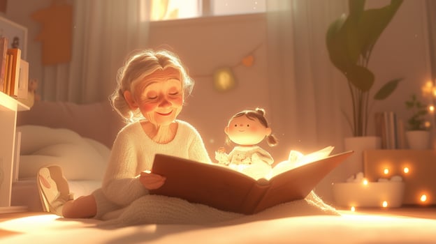Grandmother reads a bedtime story to a child in a cozy, warmly lit room with soft textures and gentle decor photo