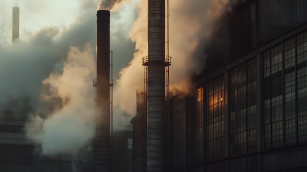 Smoke rising from industrial chimneys at twilight creating a dramatic skyline photo