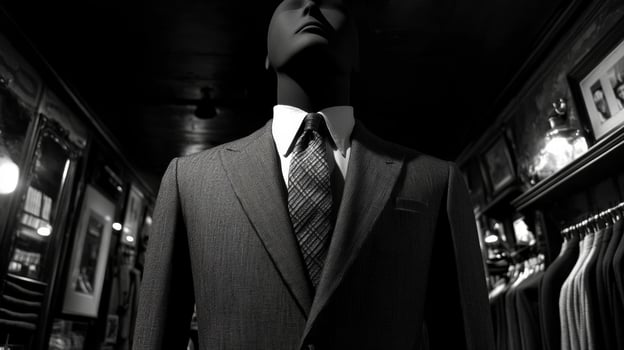 Elegant tailored suit on mannequin displays high fashion in upscale menswear store during evening hours photo