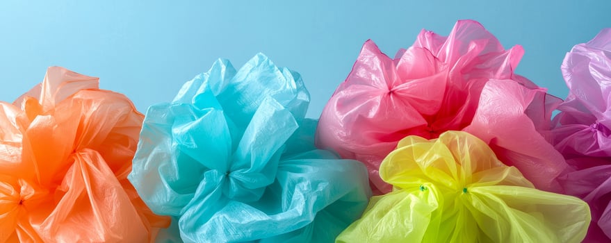 Colorful tulle fabric flowers in shades of pink, blue, orange, and yellow, arranged against a light blue background, creating a vibrant and cheerful display. photo