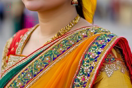 A vibrant traditional outfit showcasing intricate embroidery and colorful fabrics, highlighting cultural heritage and fashion. photo