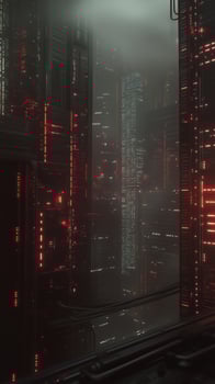 Futuristic urban landscape illuminated by red lights in a dense fog during twilight hours photo