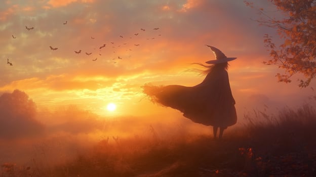 Dark silhouette of a witch against a vibrant sunset sky in an enchanting landscape with flying bats photo