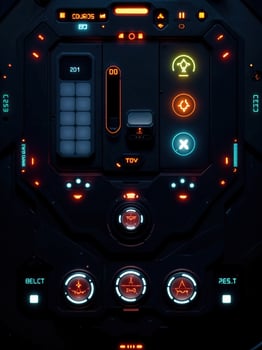 Cockpit of a spaceship with control panel and control buttons. Scifi Control Panel UI photo