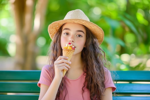 Caucasian girl eating a crispy waffle cone with fresh berries, mango, and whipped cream outdoors photo