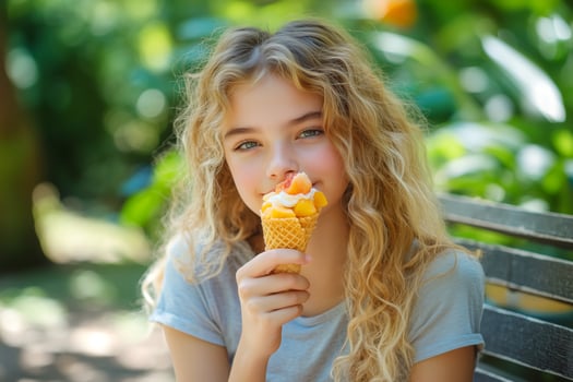 Portrait of a beautiful young girl with ice cream in the park photo