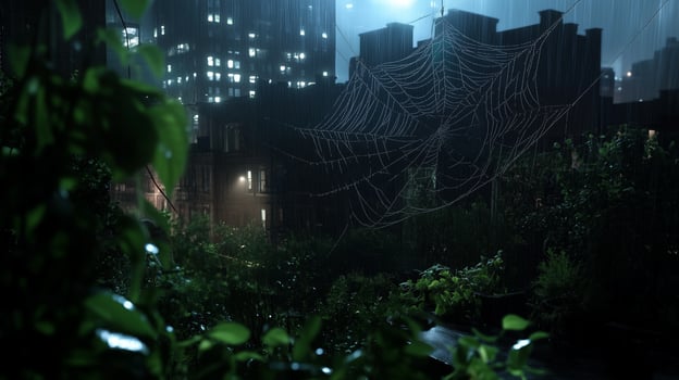Nighttime cityscape with rain showcasing a spider web and lush greenery in an urban setting photo