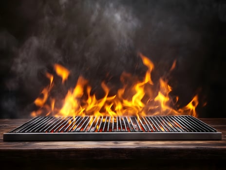 Empty Grill Grate with Embers and Flames on Wooden Surface photo