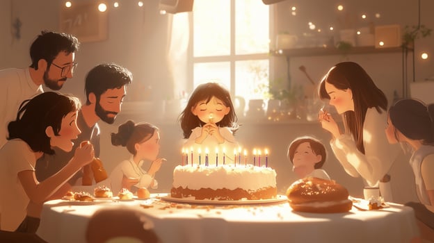 Family celebration around a birthday cake with joyful moments captured in a cozy kitchen setting photo