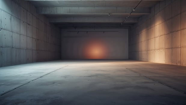 Spacious modern industrial interior showcasing minimalist design with soft lighting effects photo