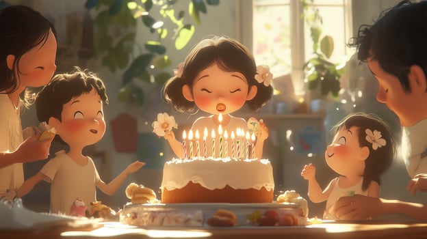 Family celebrates a young girl's birthday with cake and candles in a cozy room filled with light and joy photo