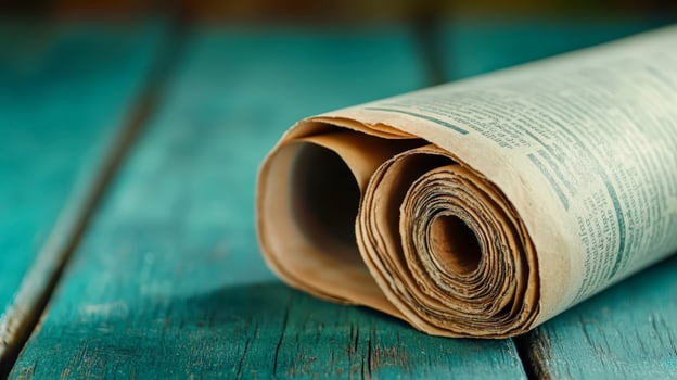 Aged Paper Document Rolled On Teal Wooden Surface photo