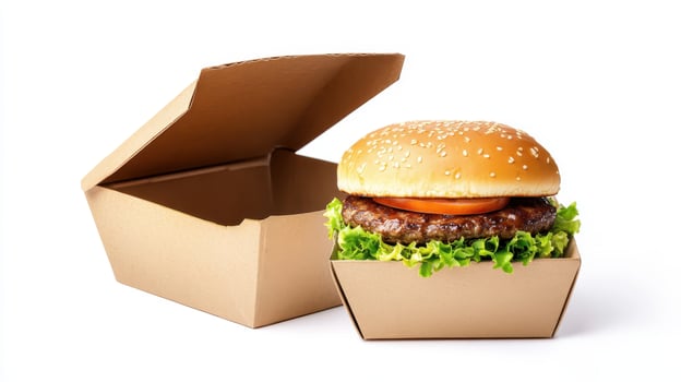 A hamburger in a cardboard box on a white background photo