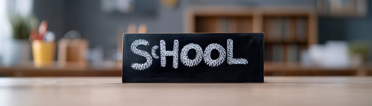 Chalkboard displays the word school in white chalk, set against a soft-focus background of a wooden teacher's desk in warm lighting. The ambiance evokes nostalgia for education photo