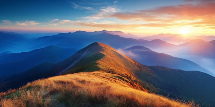 breathtaking mountain landscape at sunrise, showcasing rolling hills and vibrant colors. scene captures beauty of nature, with soft light illuminating grassy slopes and distant peaks photo