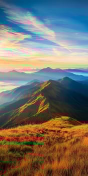 Stunning mountain landscape at sunrise with rolling hills and vibrant sky. golden grass contrasts beautifully with blue mountains in background, creating serene atmosphere photo