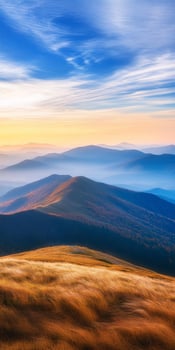 breathtaking landscape showcasing rolling hills and mountains under vibrant sky at sunset, with soft grass swaying in foreground photo