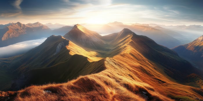 Breathtaking mountain landscape at sunrise with golden light illuminating peaks and valleys, showcasing nature beauty and tranquility photo