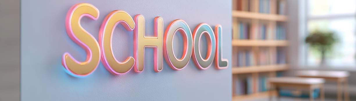 An eye-catching neon sign displays the word SCHOOL in soft blue and yellow tones, set against a backdrop of blurred bookshelves and study desks, creating a warm learning atmosphere photo