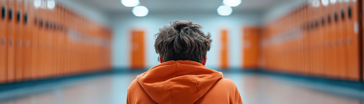 In a high school hallway, an overweight teenager sits quietly, lost in thought. The soft-focus lockers create a melancholic atmosphere, evoking deep emotions and introspection photo