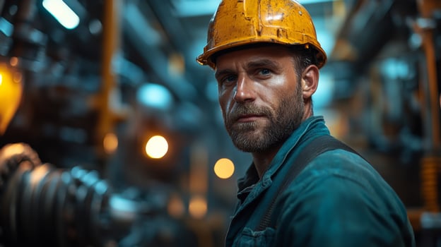 A diligent worker wearing a hard hat stands inside a factory specializing in steel and aluminum production. photo