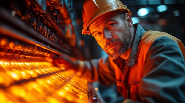 A skilled worker is carefully monitoring the aluminum casting process in an industrial factory. The warm glow from the molten metal highlights the precision required in manufacturing. photo