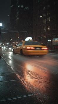 Yellow taxi drives through rain-soaked city streets at night with glowing lights reflecting off wet pavement photo