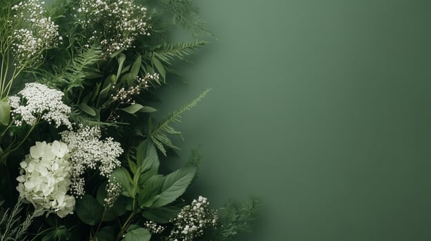 Floral arrangement with white blooms and green foliage set against a muted green backdrop in a fresh, tranquil environment photo