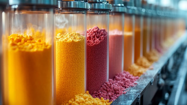Vibrant colored powders are displayed in transparent containers within a manufacturing facility. photo