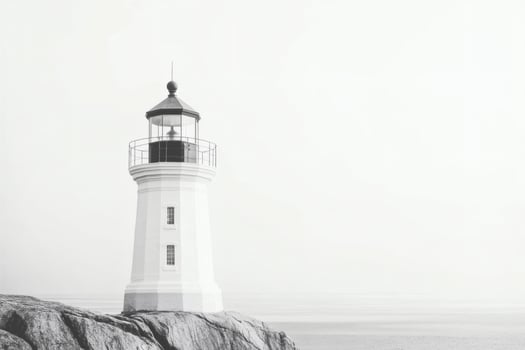 White lighthouse standing on rocky shore photo