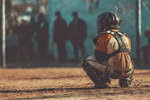 Young catcher readies for the game at dusk photo