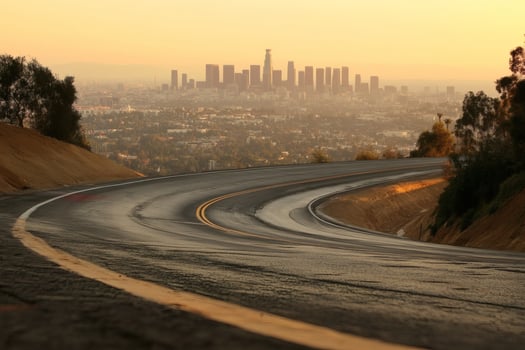 Sunset view of Los Angeles from winding road photo
