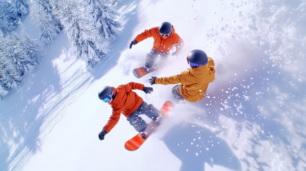 Two snowboarders are going down a snowy slope photo