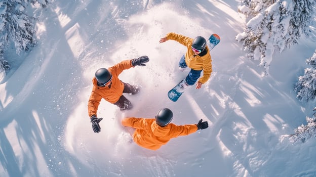 Three people are riding snowboards in the snow photo