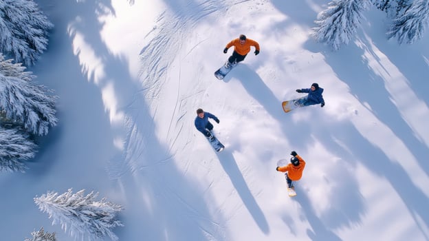Three people riding snowboards down a snowy slope photo