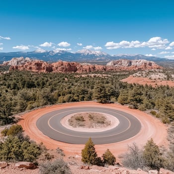 Circular Road in Mountainous Landscape with Red Rocks and Lush Greenery photo