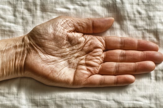 Detailed view of an open hand showing age lines and textures on a light fabric background, highlighting the beauty of human skin photo