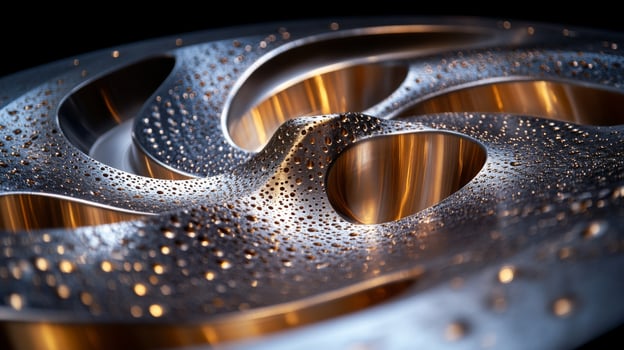 A close-up view reveals intricate designs on a metallic component, highlighting advanced metallurgy and fabrication techniques. The craftsmanship features smooth curves and numerous precision holes. photo