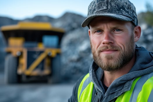 Portrait of a male miner standing in front of a mining truck photo