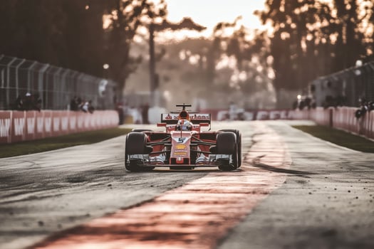 Formula One race car speeds through track during golden hour at a street circuit with vibrant sunset backdrop photo