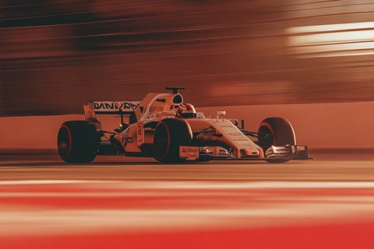 Race car speeds through a night track, showcasing dynamic motion and thrilling competition under vibrant lights photo