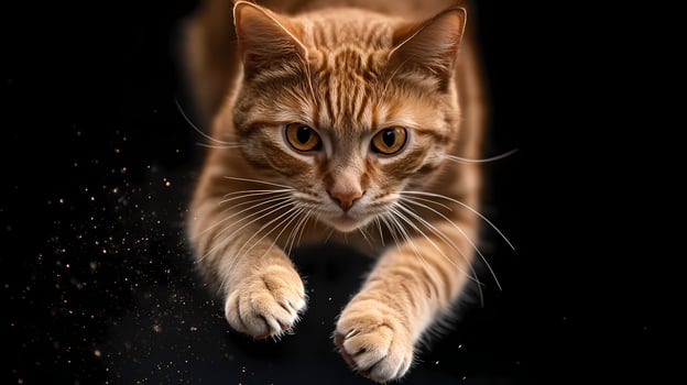 Ginger cat pouncing on prey with dust flying on black background photo