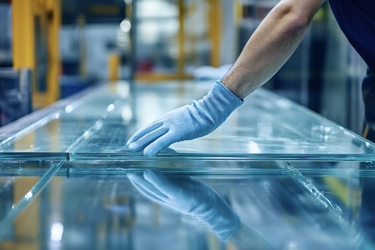 Glass factory worker checking quality of glass pane photo