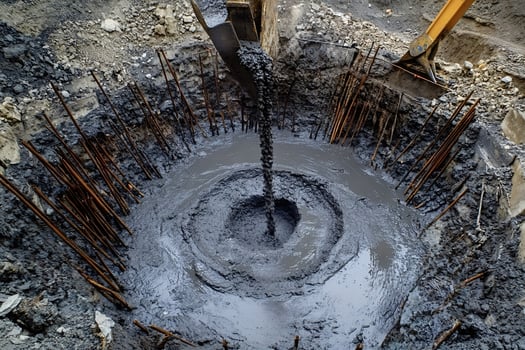 Excavator pouring concrete into foundation with rebar reinforcement at construct photo