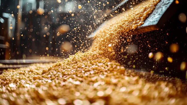 Golden grains of material cascade from a conveyor into a collection area within a high-tech petrochemical processing plant during manufacturing operations. photo