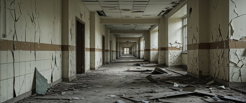 An empty hallway with broken walls and peeling paint photo