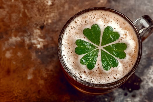 A frosty mug of beer with a fresh clover leaf placed on top, set against a rustic wooden background. The image captures a perfect blend of refreshment and St. Patrick's Day charm. photo